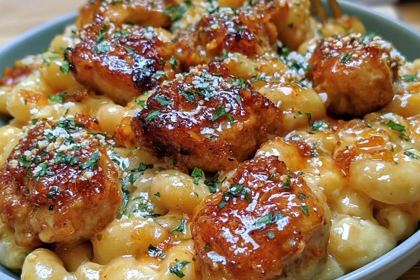 High-protein honey garlic butter chicken served with mac and cheese