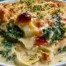 High protein spinach artichoke chicken casserole baked dish