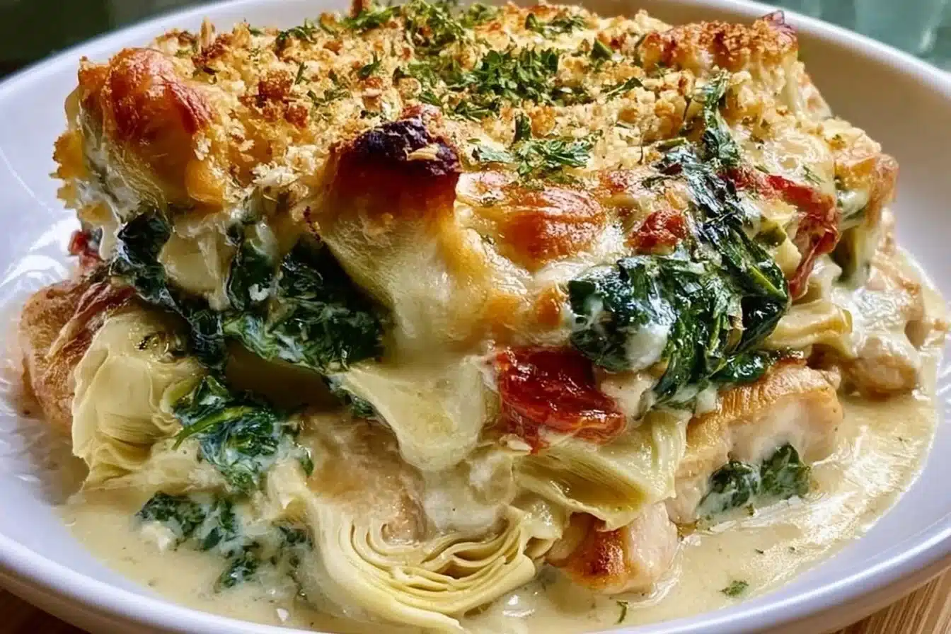 High protein spinach artichoke chicken casserole baked dish