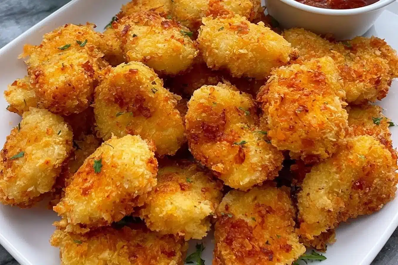 Plate of crispy homemade chicken nuggets with dipping sauce
