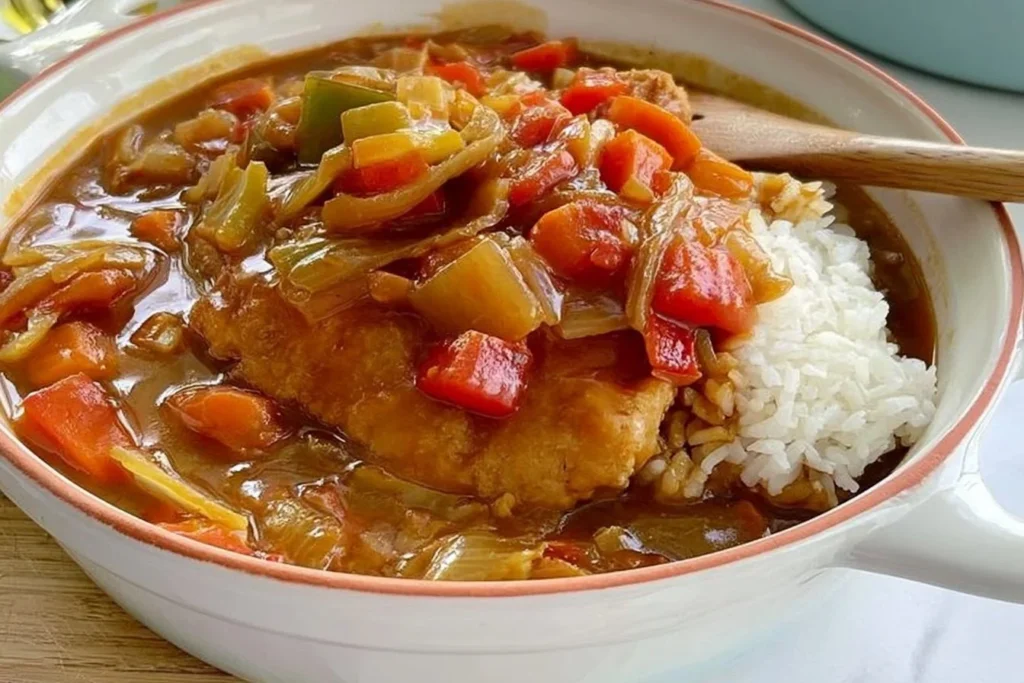 Delicious plate of Japanese Katsu Curry with crispy breaded chicken and curry sauce