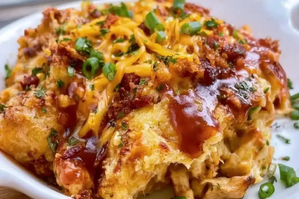 Delicious Keto BBQ Chicken Casserole topped with cheese and herbs