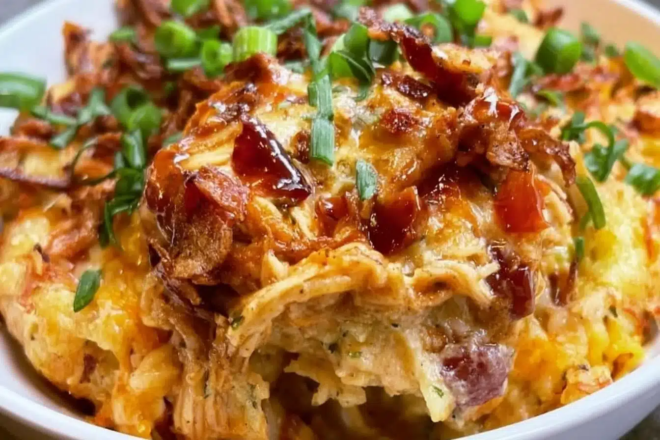 Keto BBQ Chicken Casserole topped with cheese and herbs