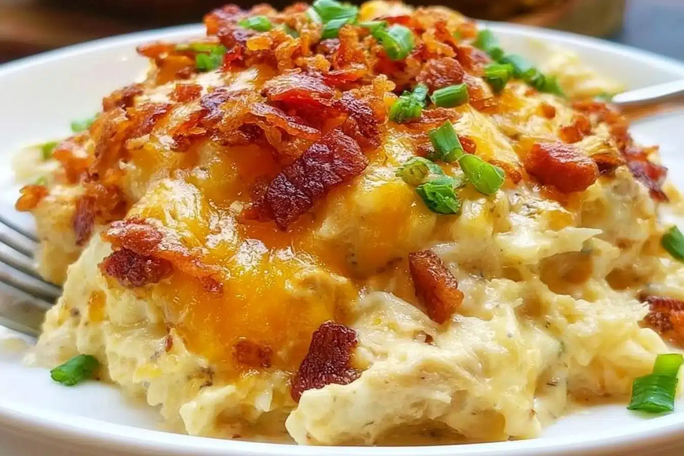 Keto Chicken Bacon Ranch Casserole in a slow cooker with bacon, chicken, and ranch seasoning.