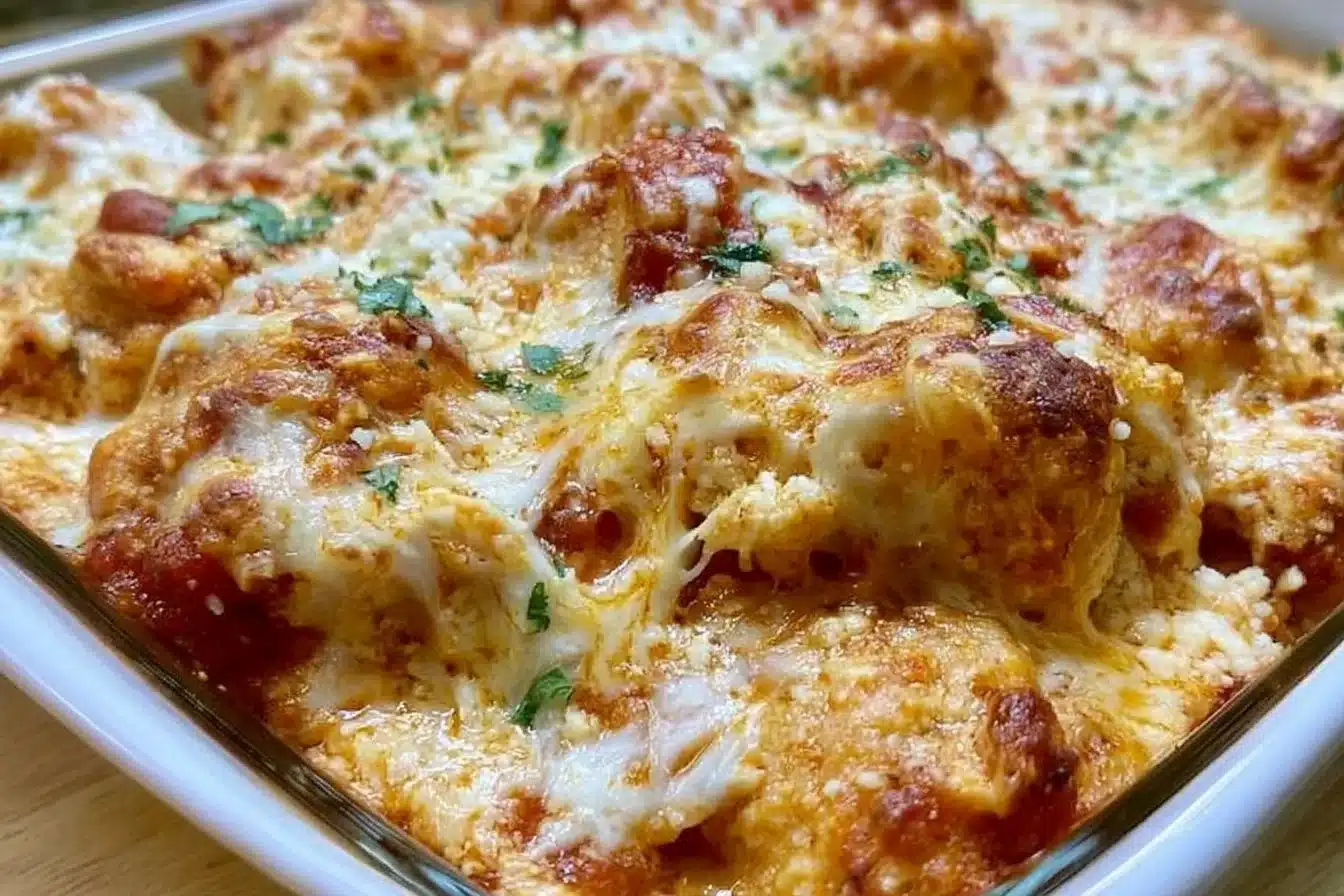 Delicious Keto Chicken Parmesan Casserole topped with cheese and herbs