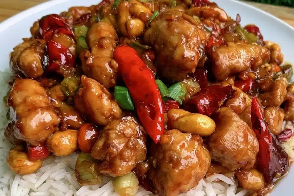 A plate of Kung Pao Chicken garnished with peanuts and vegetables