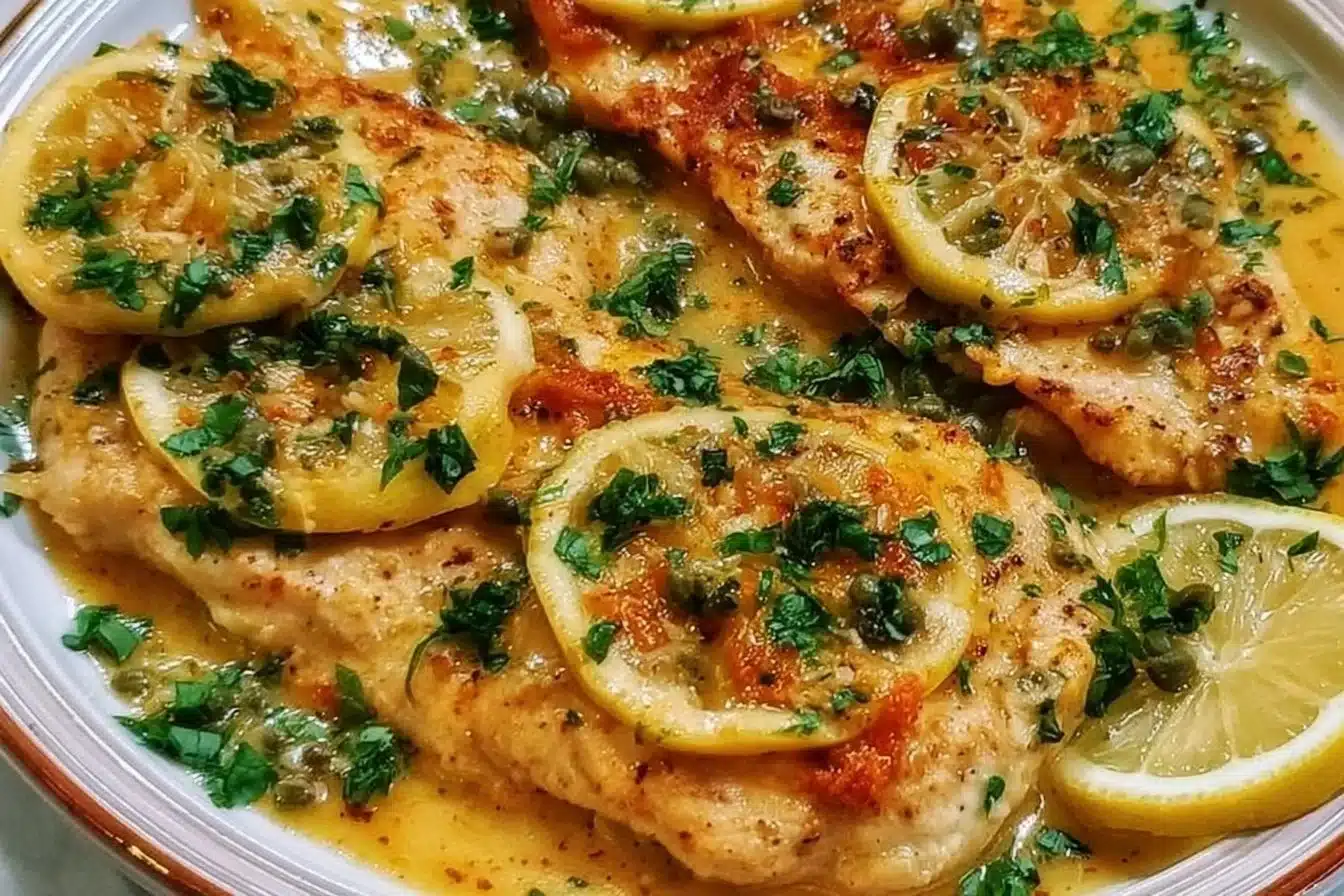 Delicious Lemon Chicken Piccata dish served with capers and lemon slices.