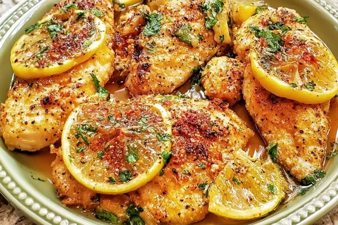Delicious Lemon Pepper Chicken garnished with lemon slices and peppercorns.