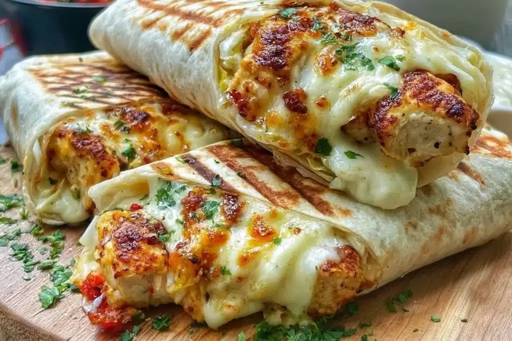 Low Carb Cheesy Garlic Chicken Wraps with fresh ingredients and melted cheese