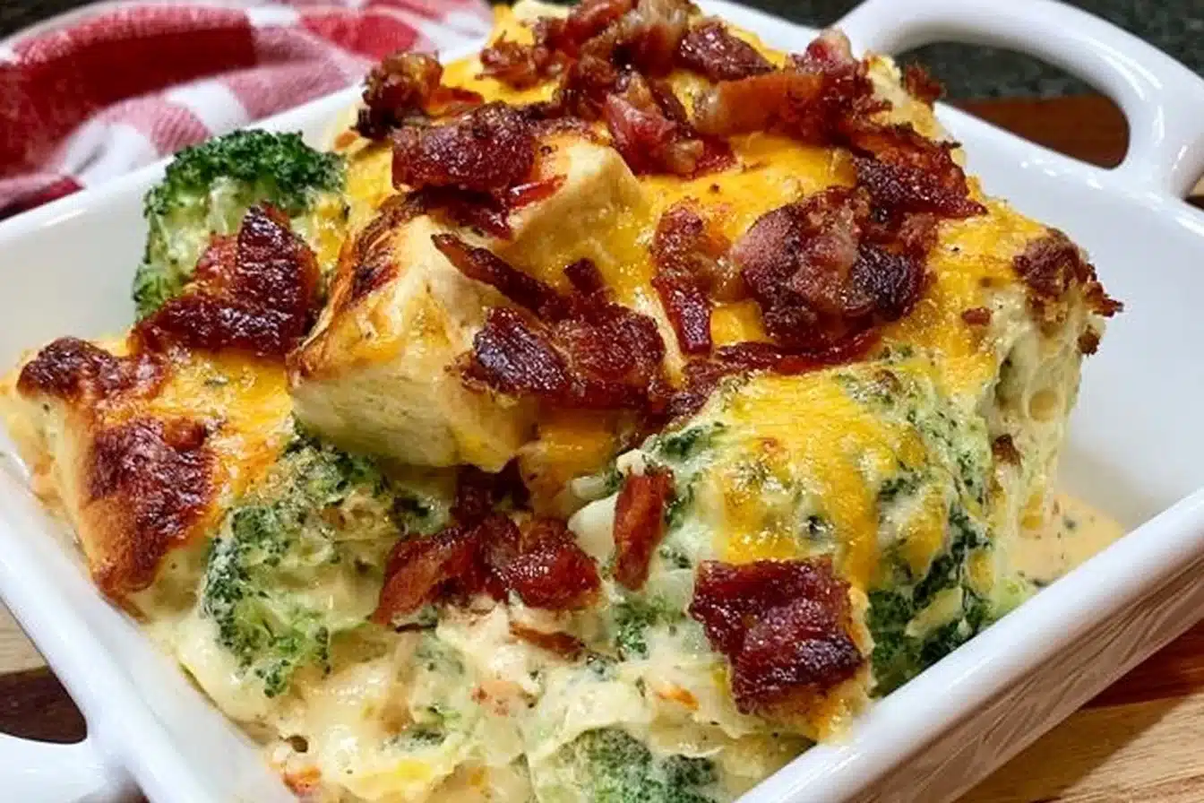 Low-carb chicken bacon ranch casserole topped with cheese and bacon