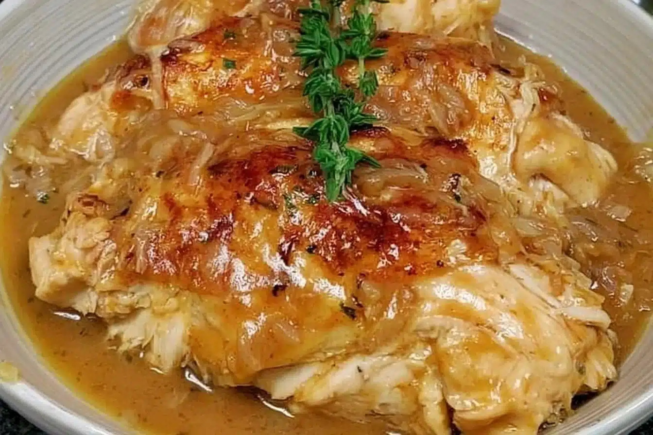 Low cooker chicken breasts with gravy served in a one pot dinner