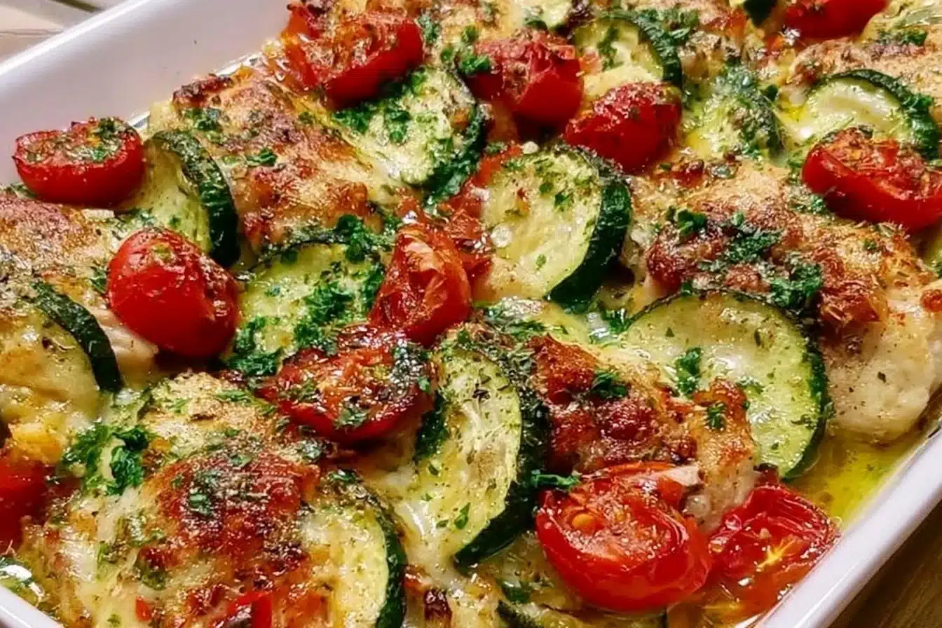Mediterranean Chicken Zucchini Bake with fresh vegetables and spices