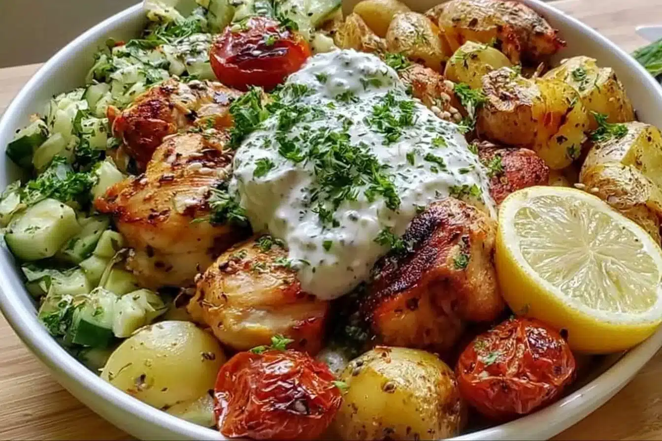 Mediterranean sheet pan chicken and potato bowls with colorful vegetables.