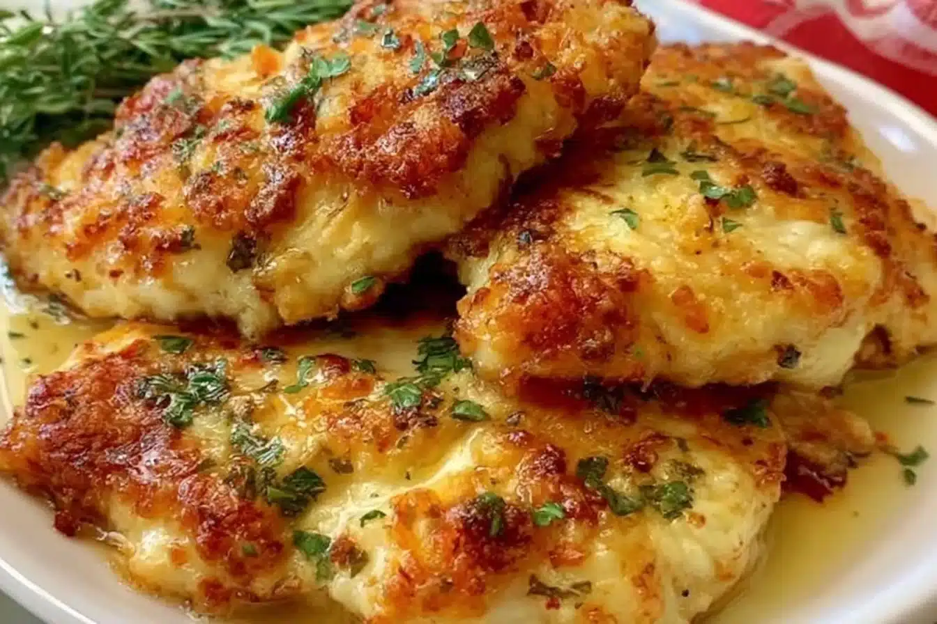 Delicious Melt in Your Mouth Chicken recipe on a plate garnished with herbs.