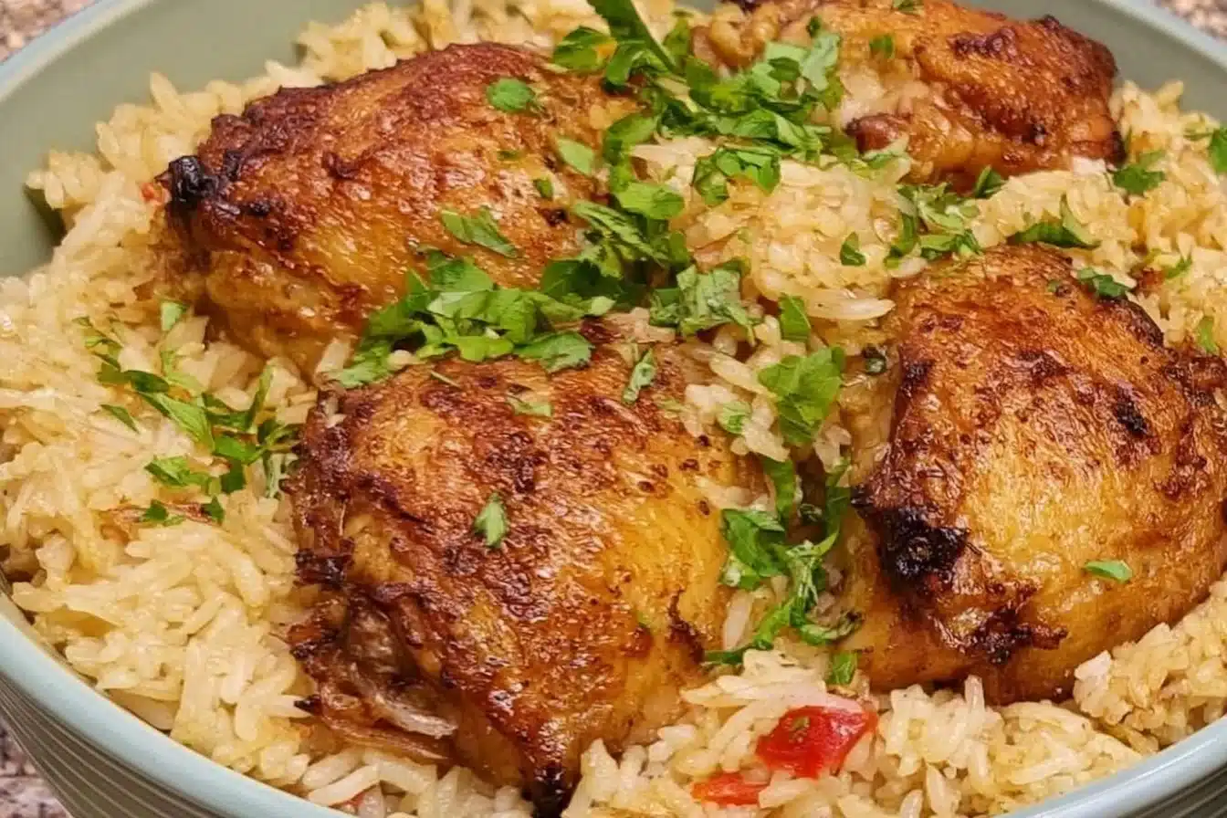 One Pot Chicken and Rice dish garnished with herbs and served in a bowl