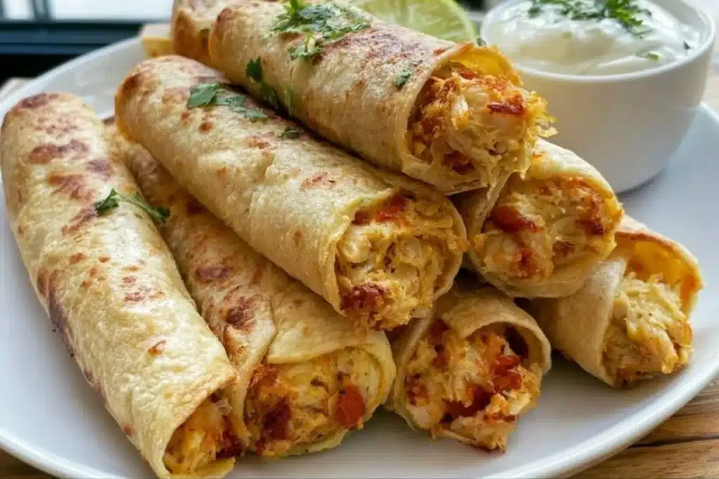 Oven baked chicken taquitos on a plate topped with salsa and avocado