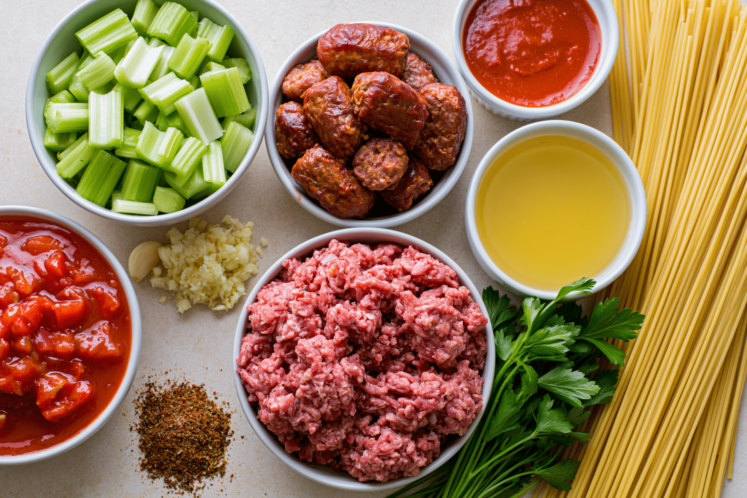 overhead shot of all the essential ingredients for one-pan dirty spaghetti laid out on a kitchen counter, including ground beef, andouille sausage, chopped celery, minced garlic, canned diced tomatoes, tomato paste, chicken broth, Cajun seasoning, uncooked spaghetti, and fresh parsley