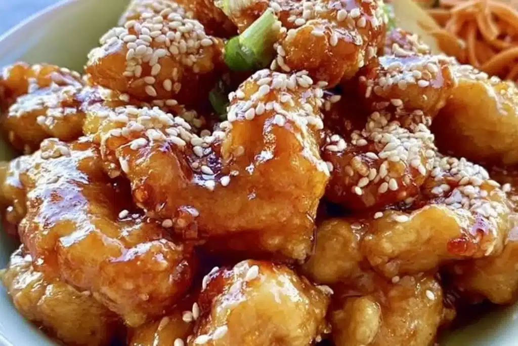 Plate of sesame chicken garnished with sesame seeds and vegetables