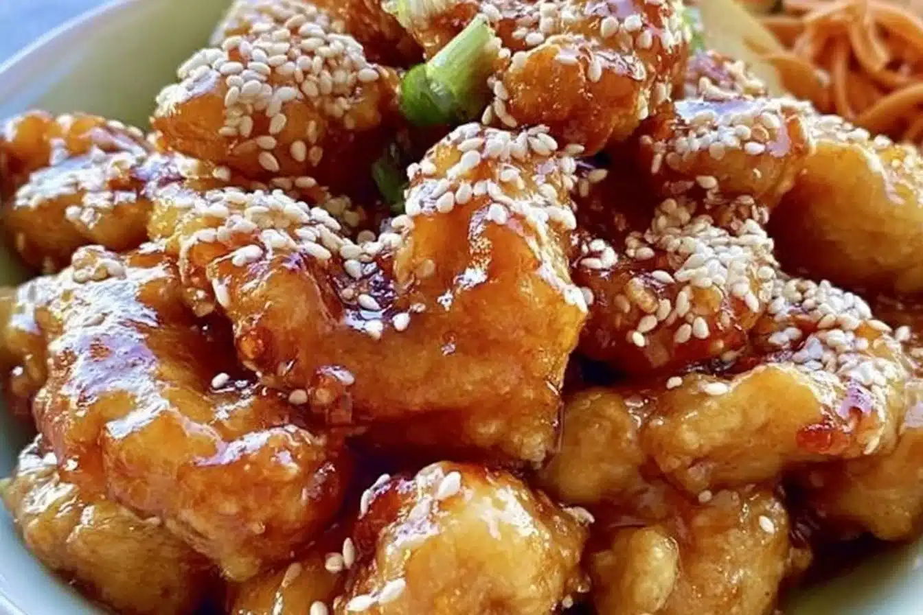 Plate of sesame chicken garnished with sesame seeds and vegetables