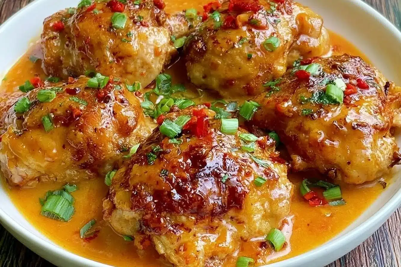 Skillet Bang Bang Chicken Thighs dish featuring juicy thighs and spicy sauce