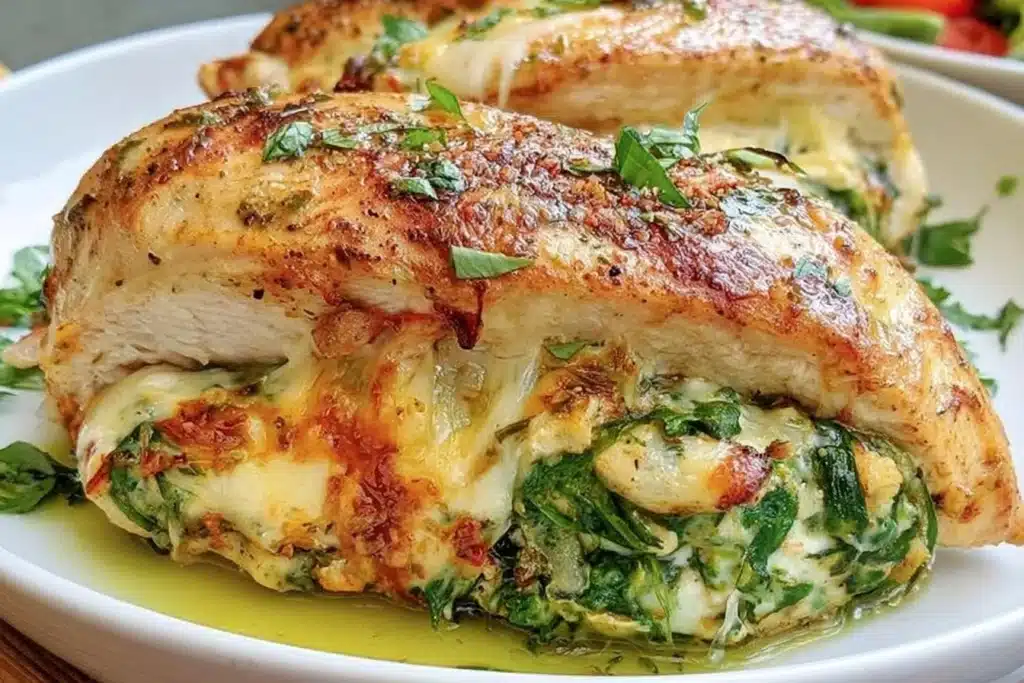 Juicy spinach stuffed chicken breasts served on a plate with creamy sauce.