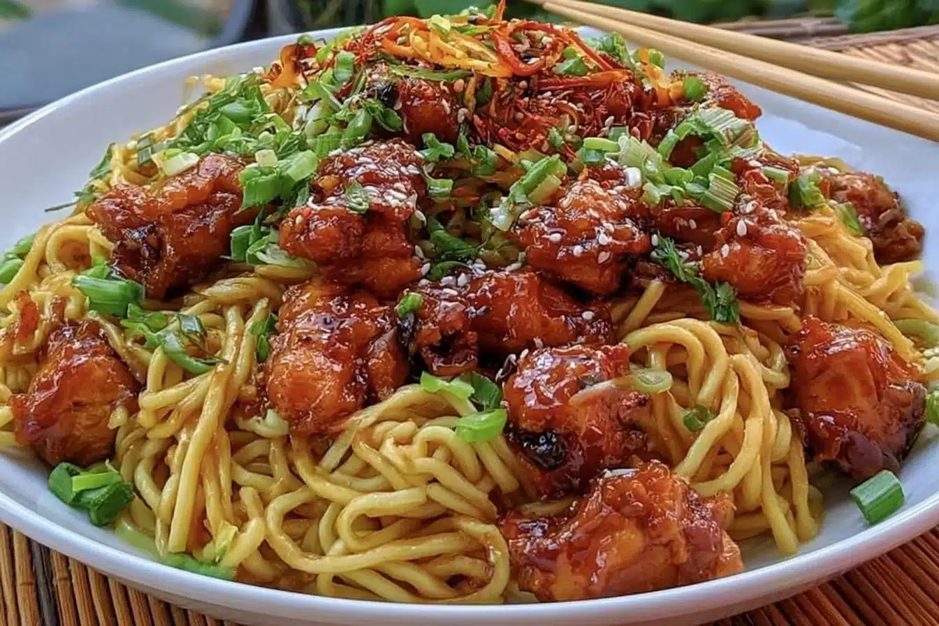 Bowl of Sticky Garlic Chicken Noodles with green onions and sesame seeds
