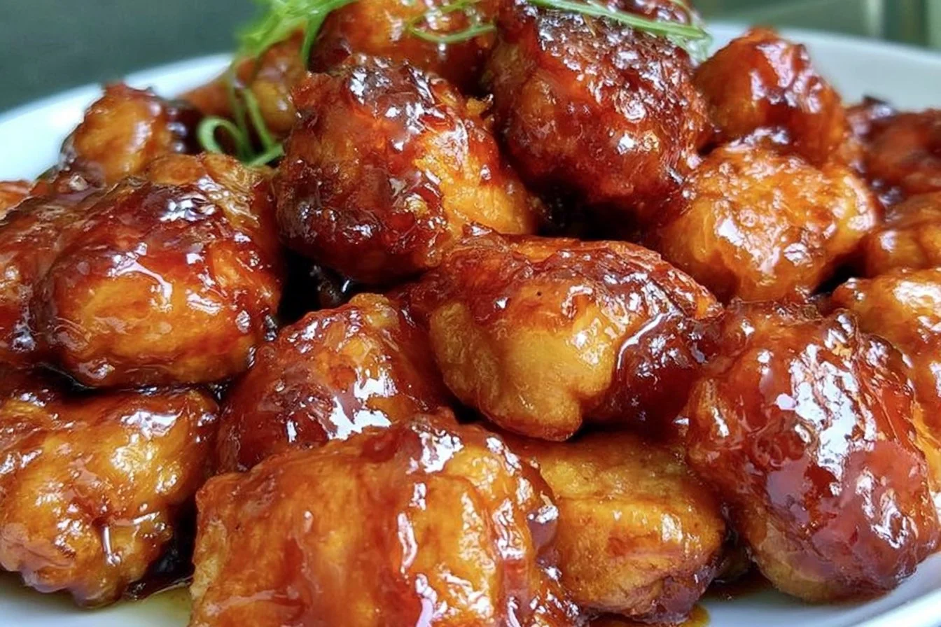 Sticky honey chicken recipe garnished with sesame seeds and green onions