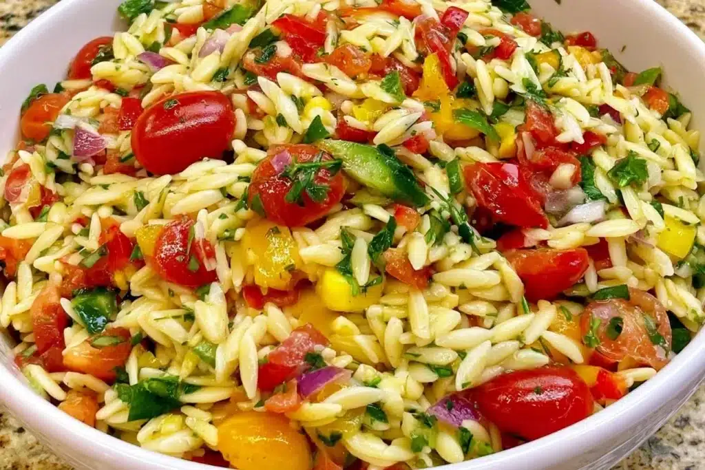 Colorful summer orzo pasta salad with vegetables and herbs in a bowl