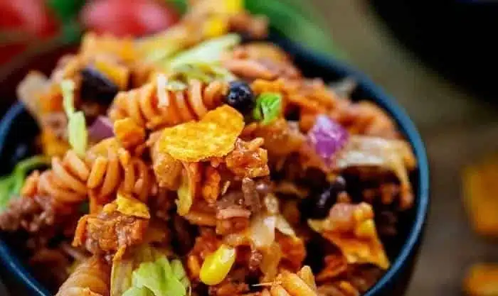 Colorful Taco Pasta Salad with fresh ingredients and toppings