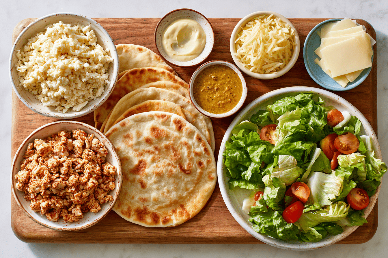 Various ingredients for chicken Caesar smash tacos laid out on a wooden cutting board, including ground chicken, different types of flatbreads, various salad dressings, and cheese alternatives.