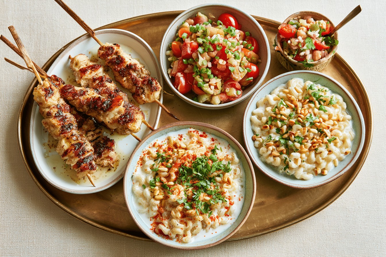 A beautifully arranged platter showcasing macarona bil laban with various garnishes like toasted pine nuts and fresh parsley, alongside small bowls of grilled chicken skewers and a side salad, illustrating diverse serving suggestions.