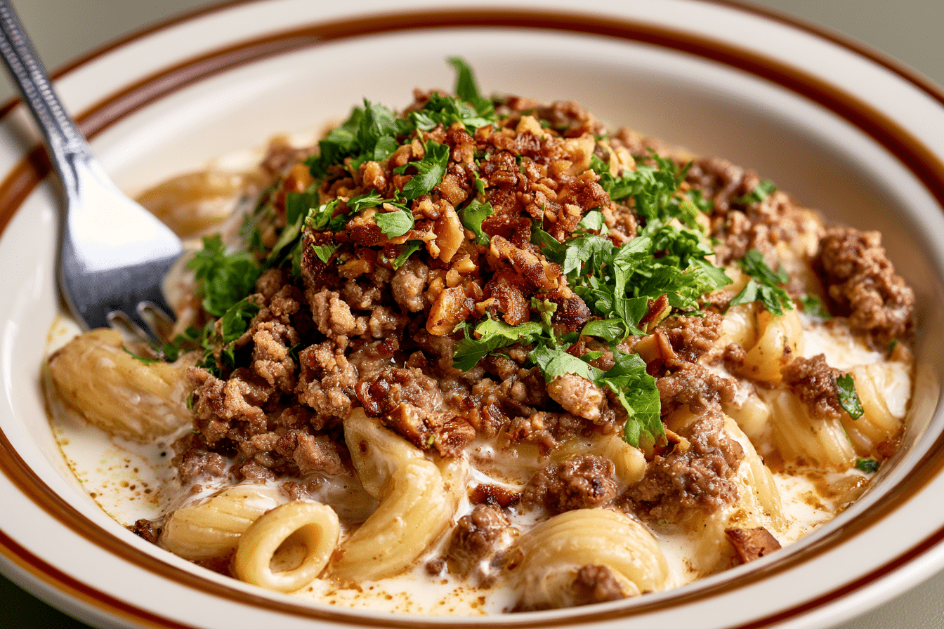 A beautifully plated bowl of macarona bil laban, showing creamy yogurt-coated pasta, ground meat topping, and a garnish of fresh herbs and toasted nuts, ready to be eaten.