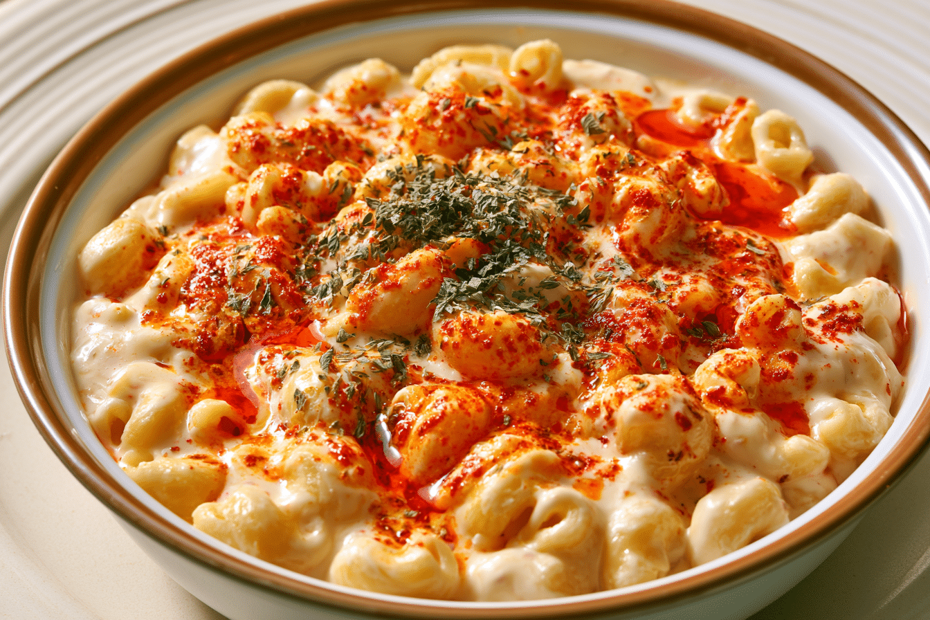 A beautifully plated bowl of Turkish Pasta with Yogurt, showing the pasta, creamy white yogurt sauce, and a drizzle of red spiced butter on top, garnished with dried mint.