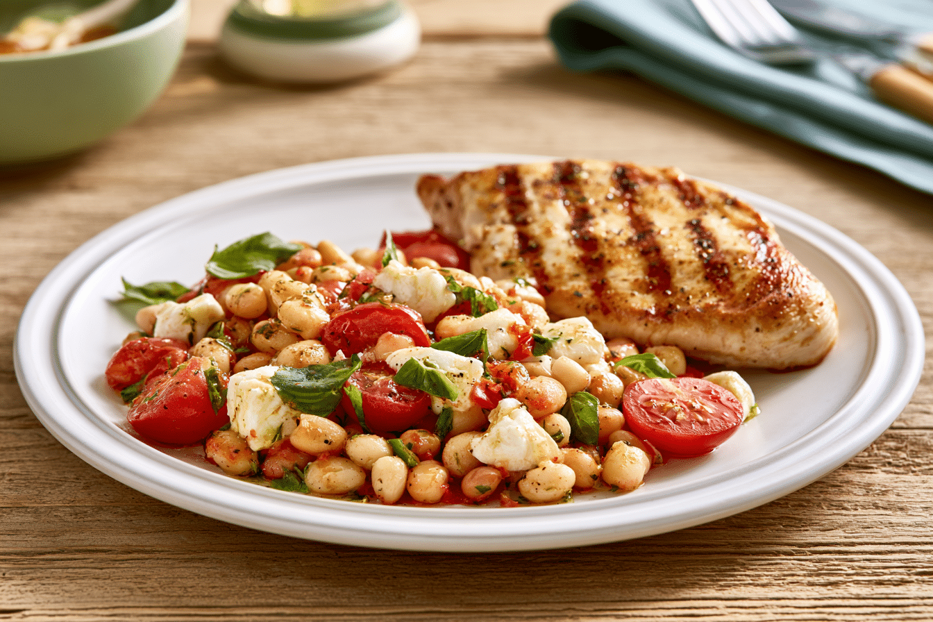 A beautifully plated caprese dense bean salad next to a grilled chicken breast, with a glass of white wine in the background.