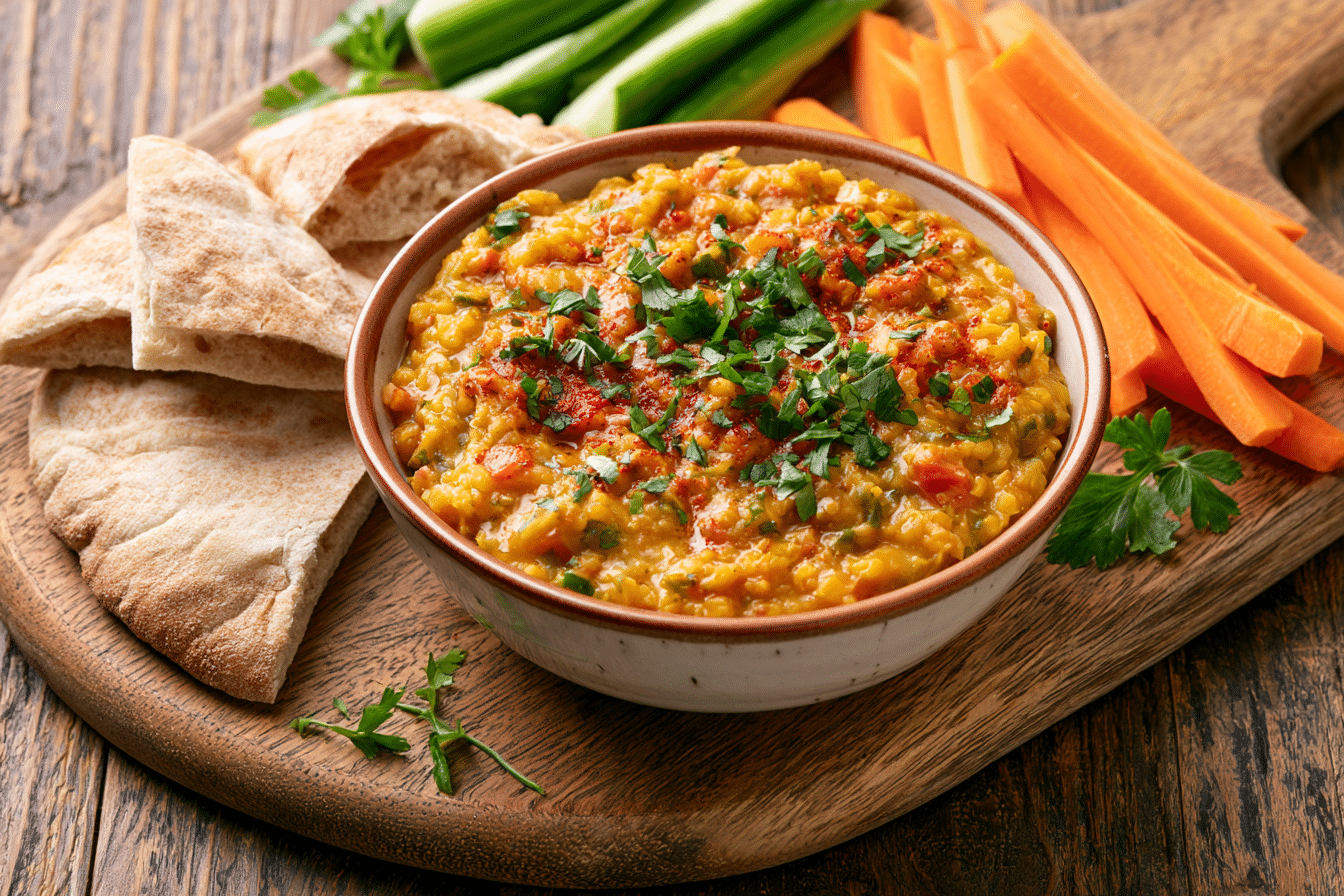 A bowl of freshly made lentil dip, garnished with fresh herbs and served with pita bread and vegetable sticks on a rustic wooden board. The dip should look vibrant and chunky.