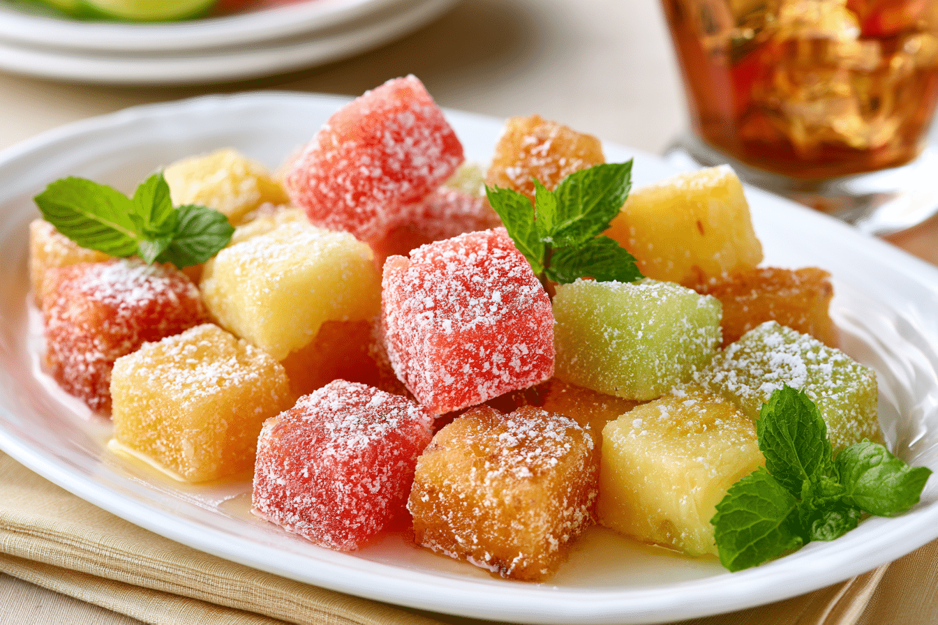 A close-up of a colorful array of infused pineapple pieces arranged artfully on a white serving platter, garnished with mint leaves, and a glass of iced tea in the background. The fruit glistens with powdered mix.
