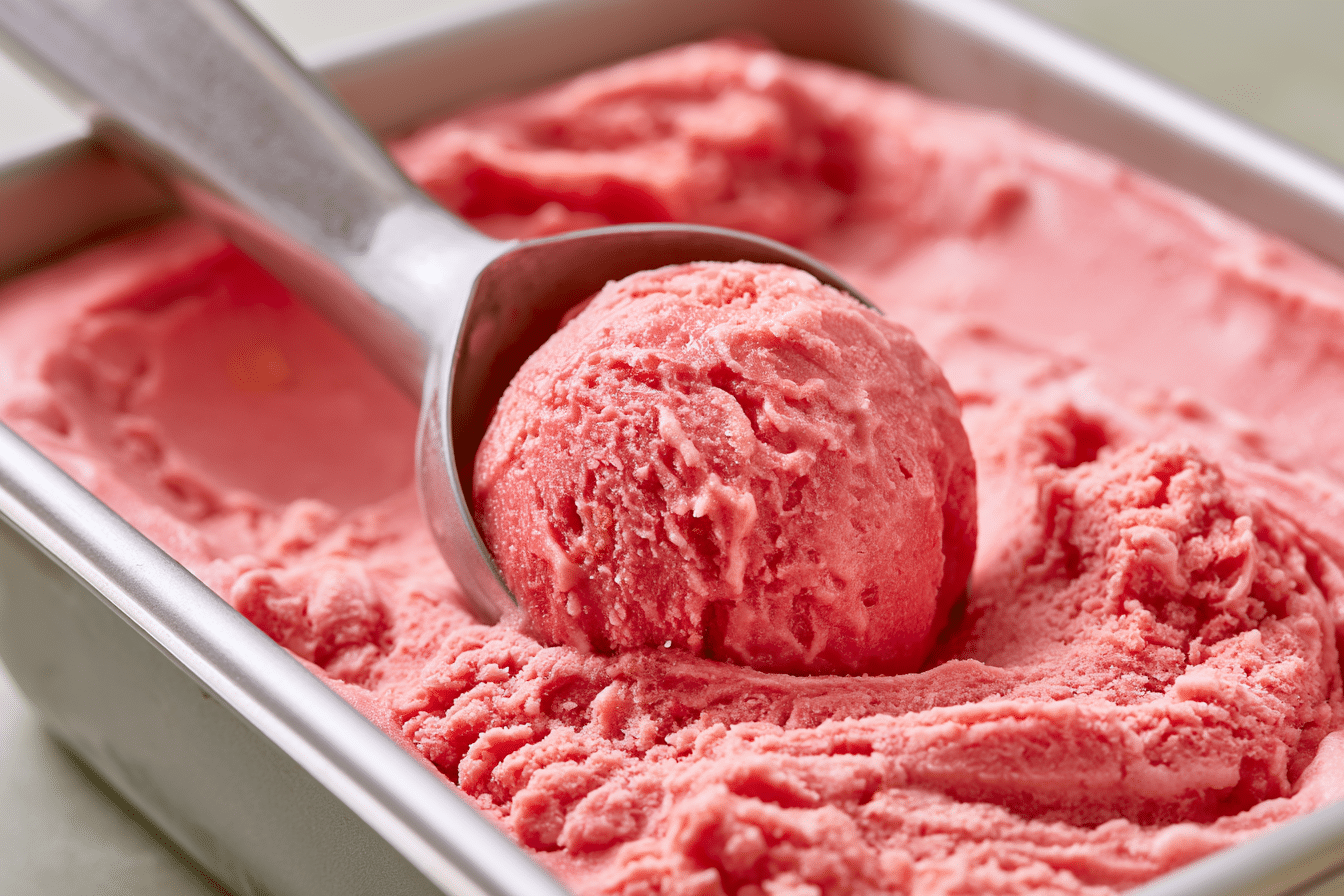 A close-up of creamy, vibrant pink fruit ice cream being scooped, highlighting its smooth texture and lack of ice crystals