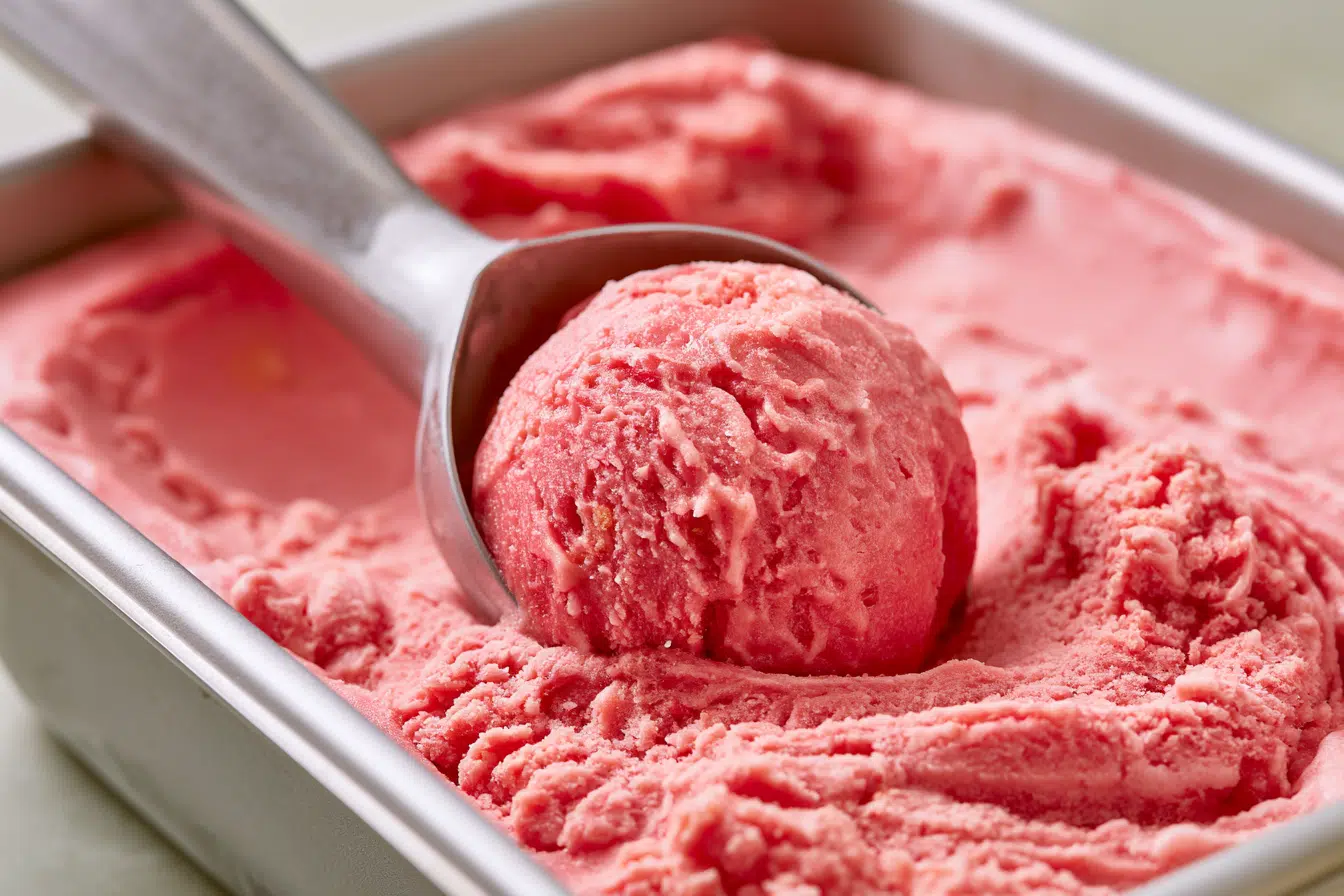 A close-up of creamy, vibrant pink fruit ice cream being scooped, highlighting its smooth texture and lack of ice crystals