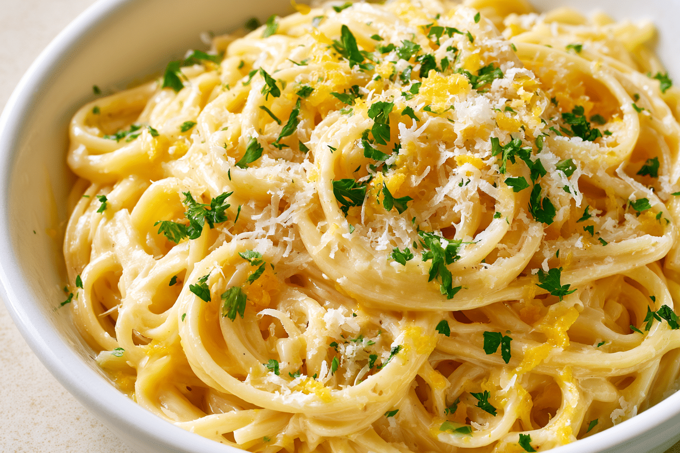 A close-up photograph of a bowl of frozen lemon pasta, garnished with fresh parsley and grated Parmesan cheese, showing creamy texture and bright yellow lemon flecks.