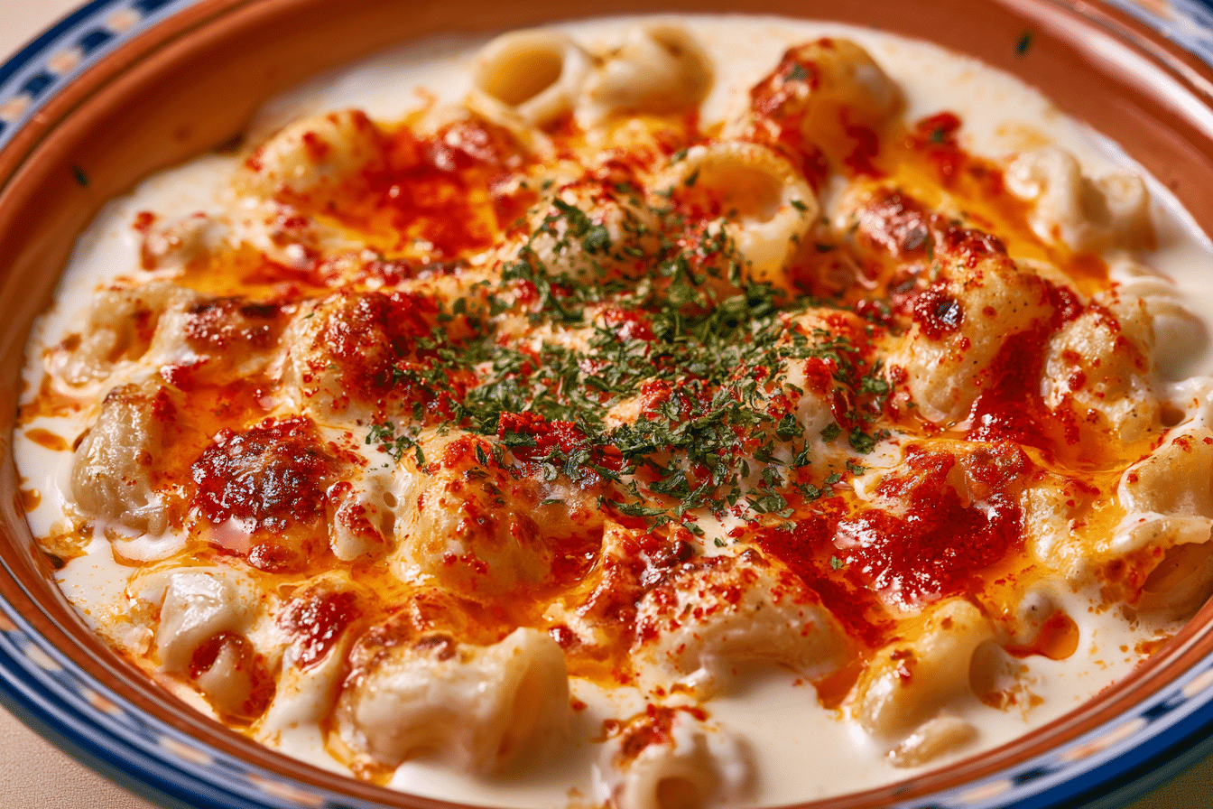 A close-up photograph of Turkish pasta with yogurt, showing a vibrant red melted butter and spice topping, and a sprinkle of dried mint. The pasta should be visible underneath the creamy yogurt sauce.