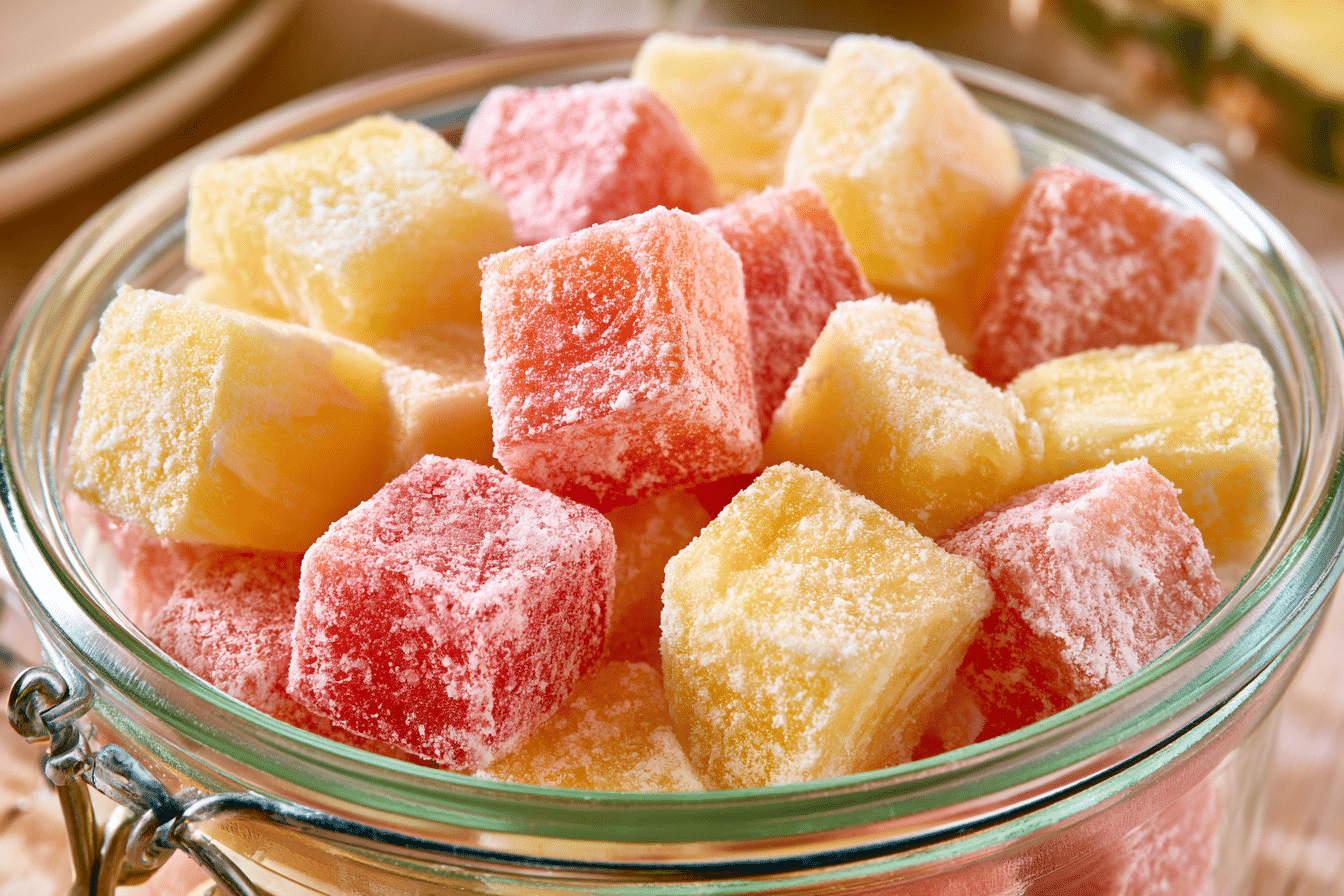 A close-up photograph of vibrant, colorful pineapple pieces in a clear glass jar, coated with powdered drink mix, ready for infusion. The pineapple pieces are cut into uniform spears.