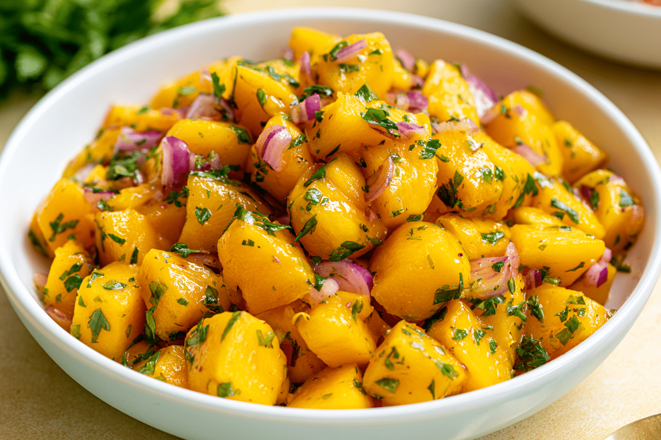 A close-up shot of a vibrant mango salad with diced mango, red onion, and fresh herbs, in a white bowl, ready to be served alongside a salmon bowl.
