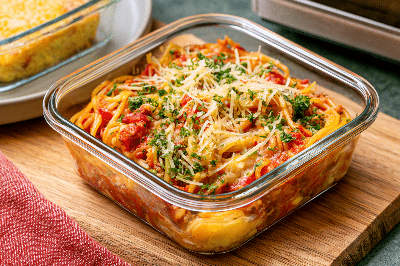 A leftover portion of cornbread spaghetti casserole in an airtight container, ready for refrigeration, with another portion being reheated in a microwave-safe dish.