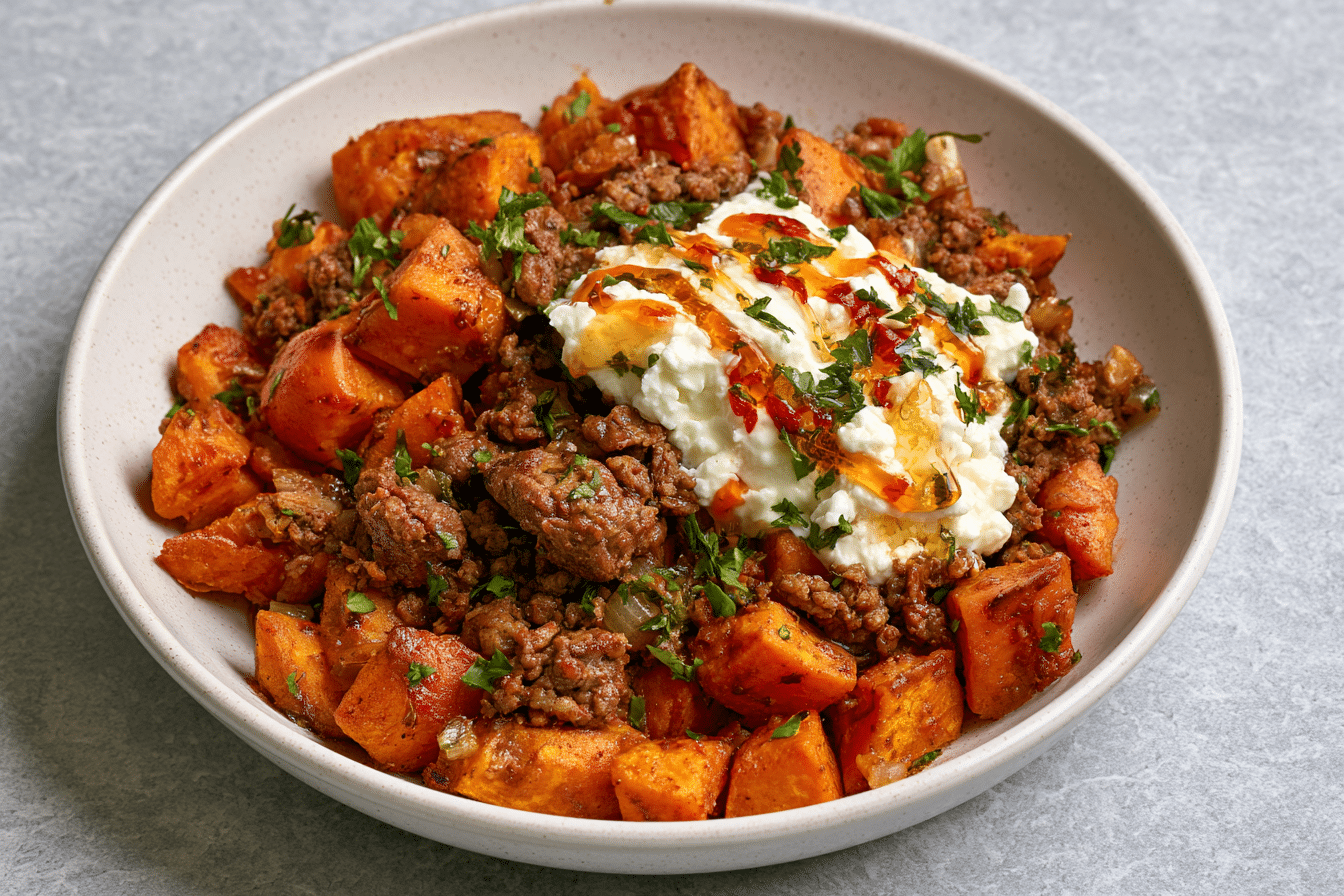 A perfectly assembled hot honey cottage cheese sweet potato beef bowl, showing roasted sweet potatoes, seasoned ground beef, a dollop of cottage cheese, and a drizzle of hot honey, garnished with fresh herbs.