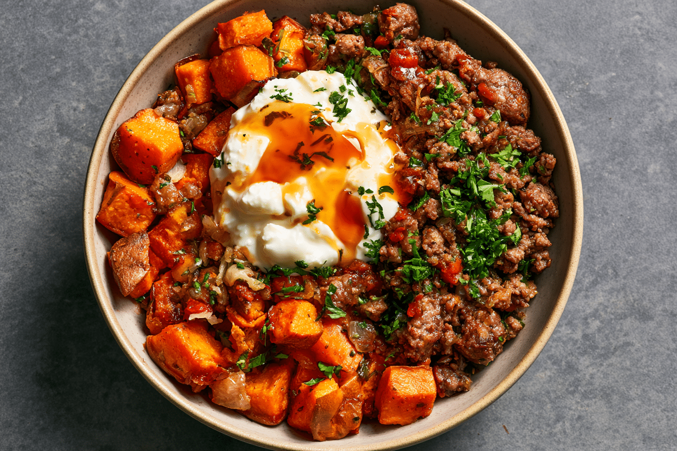 A perfectly assembled hot honey cottage cheese sweet potato beef bowl, showing roasted sweet potatoes, seasoned ground beef, a dollop of cottage cheese, and a drizzle of hot honey, garnished with fresh herbs.