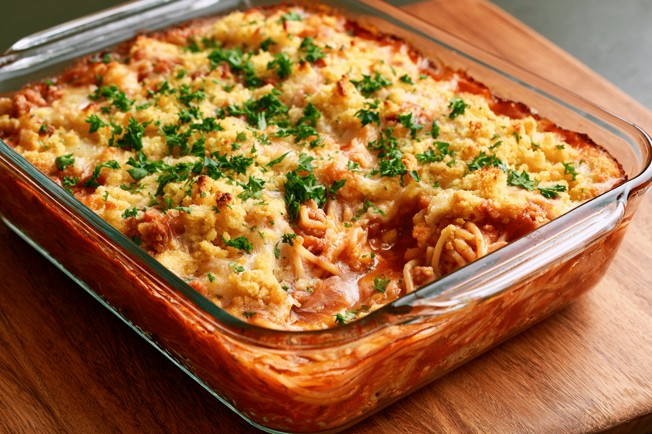 A perfectly baked cornbread spaghetti casserole, with a golden-brown cornbread topping and bubbly sauce peeking through, garnished with fresh parsley.