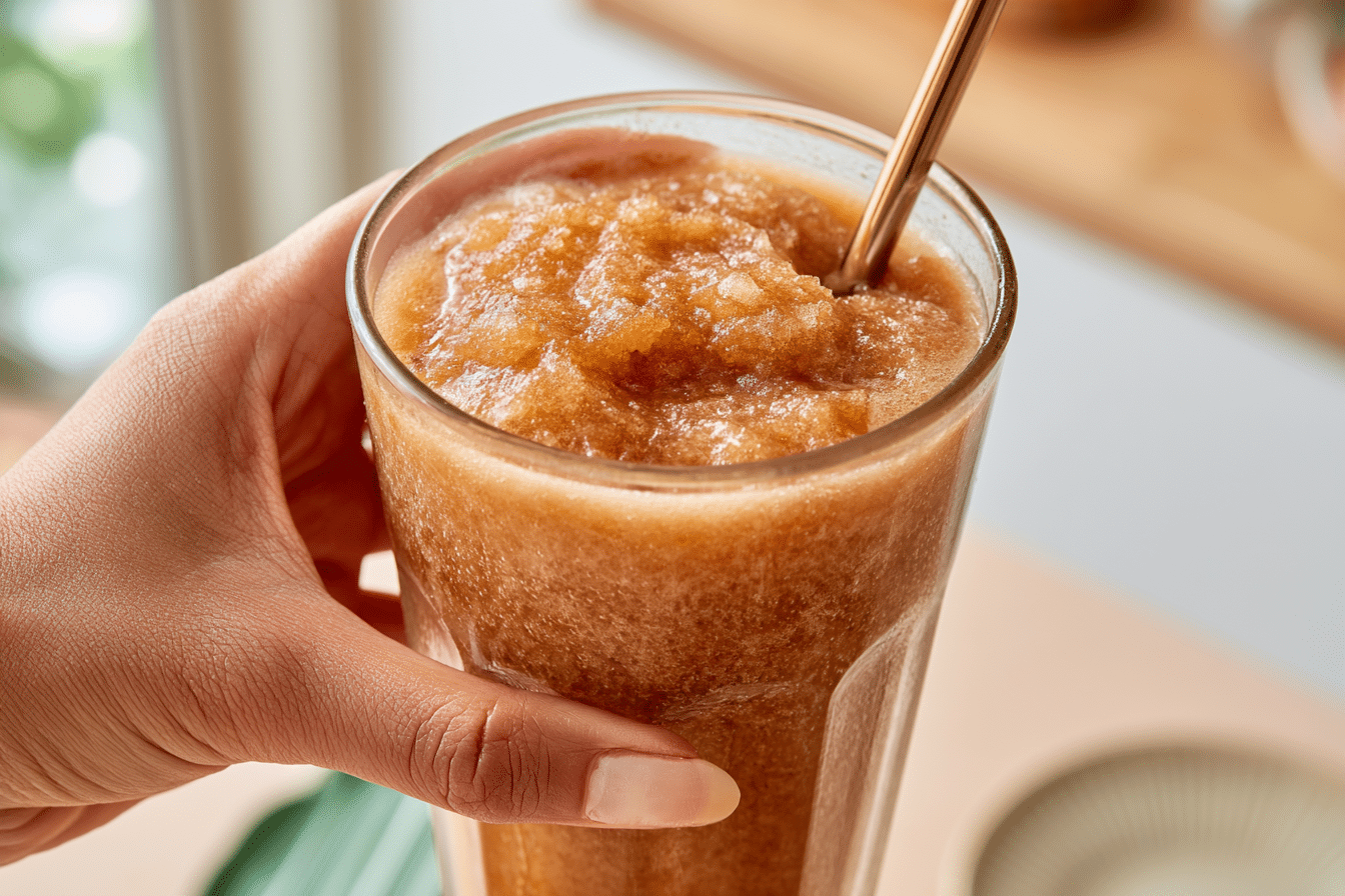 A person enjoying a homemade two-ingredient coffee slushie in a clear glass, with a spoon in it, showing the icy texture. The background is a bright kitchen setting.