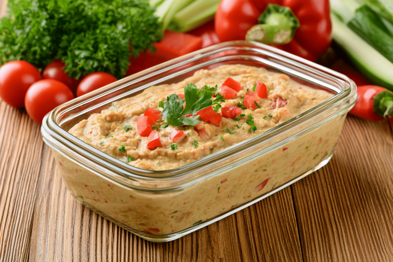 A sealed glass container filled with lentil dip, placed inside a refrigerator next to fresh vegetables, illustrating proper storage.