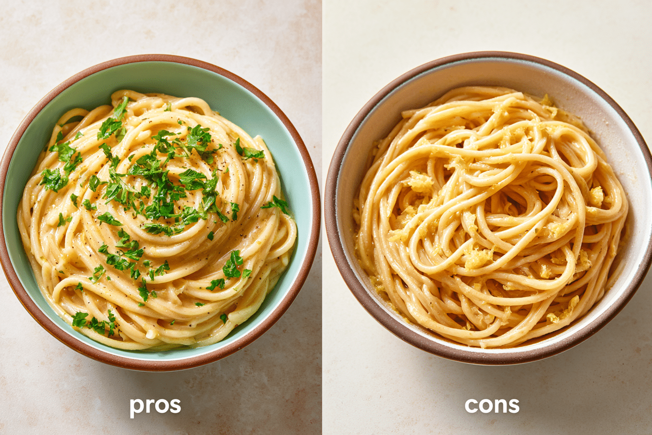 A split image showing two bowls of lemon pasta side-by-side. One bowl represents the "pros" with vibrant, evenly distributed lemon flecks and a smooth sauce. The other bowl represents the "cons" with some slightly larger, uneven lemon pieces and a slightly less integrated appearance, illustrating potential challenges of the technique.