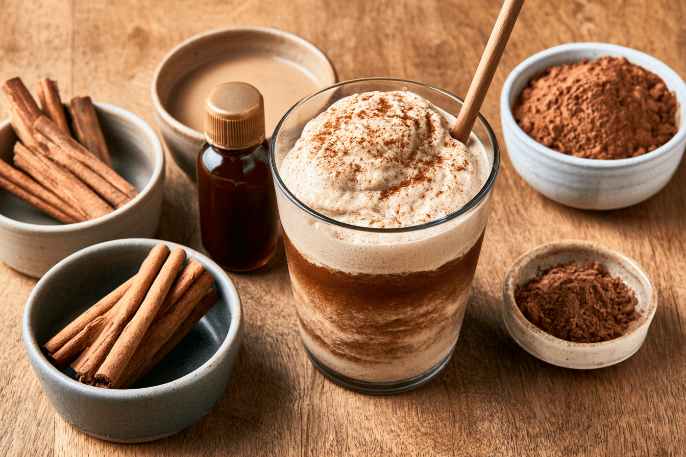 A variety of small bowls containing different flavorings like cinnamon sticks, a small bottle of hazelnut syrup, and a small dish of cocoa powder, arranged around a glass of coffee slushie.